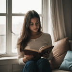 Woman with book sitting cozily by a window, enjoying a peaceful read.
