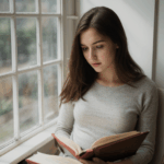 Young lady with a book, enjoying a tranquil moment by the window.