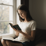 A young woman enjoying a book by the window with sunlight streaming through.