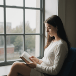 A young woman immersed in a book by the window, enjoying a serene reading moment.